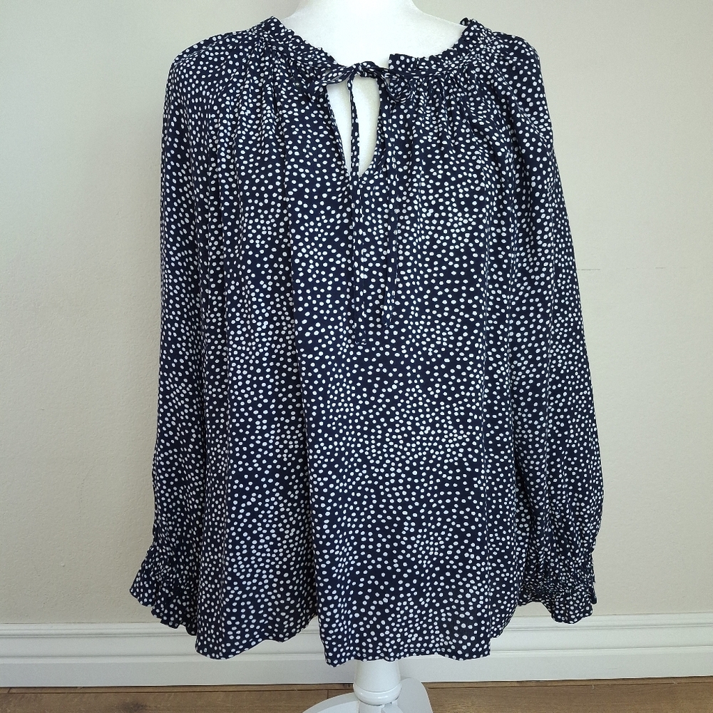 Loft Navy Polkadot Tie-Neck Balloon Sleeve Blouse